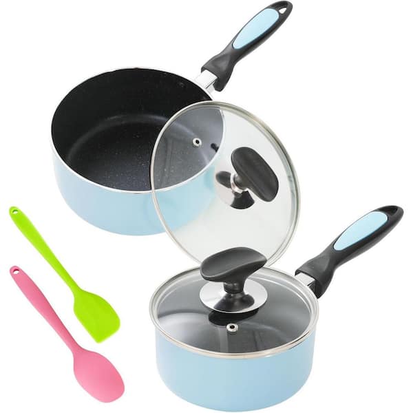 1Qt 2Qt Aluminum Nonstick Sauce Pan in Black with Lid Set Durable Scratch Resistant for Easy Clean 2-Pack