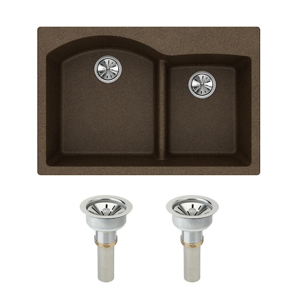 Elkay Quartz Classic  33in. Drop-in 2 Bowl  Mocha Granite/Quartz Composite Sink w/ Accessories