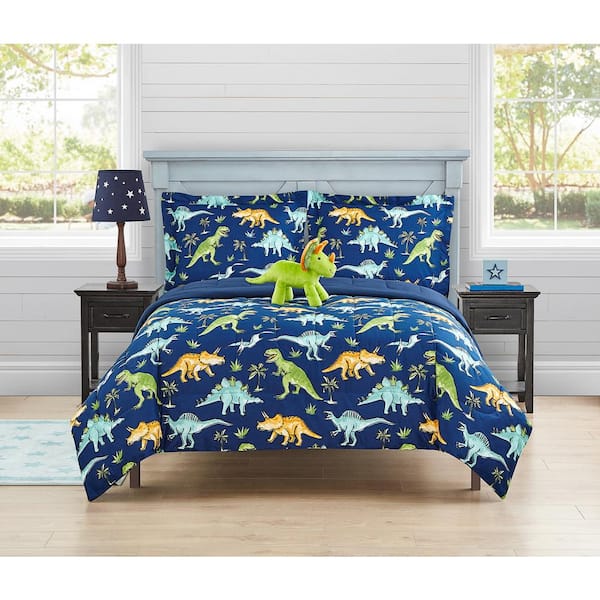 Watercolor Dinosaur Navy 3 Pieces, Twin Bed Comforter Sets With Matching Curtains