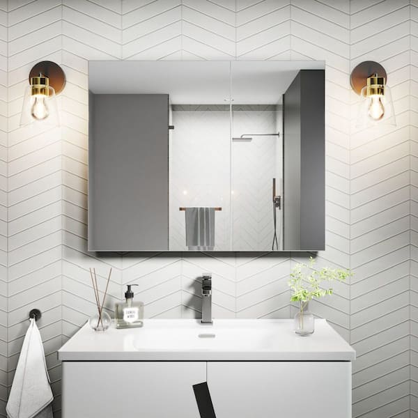 30 in. W x 24 in. H Rectangular Silver Aluminum Recessed/Surface Mount Medicine Cabinet with Mirror and Soft-Close Door