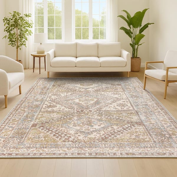 JONATHAN Y Darija Ornate Geometric Medallion Light Blue/Ivory 5 ft. 3 in. x 7 ft. 7 in. Area Rug