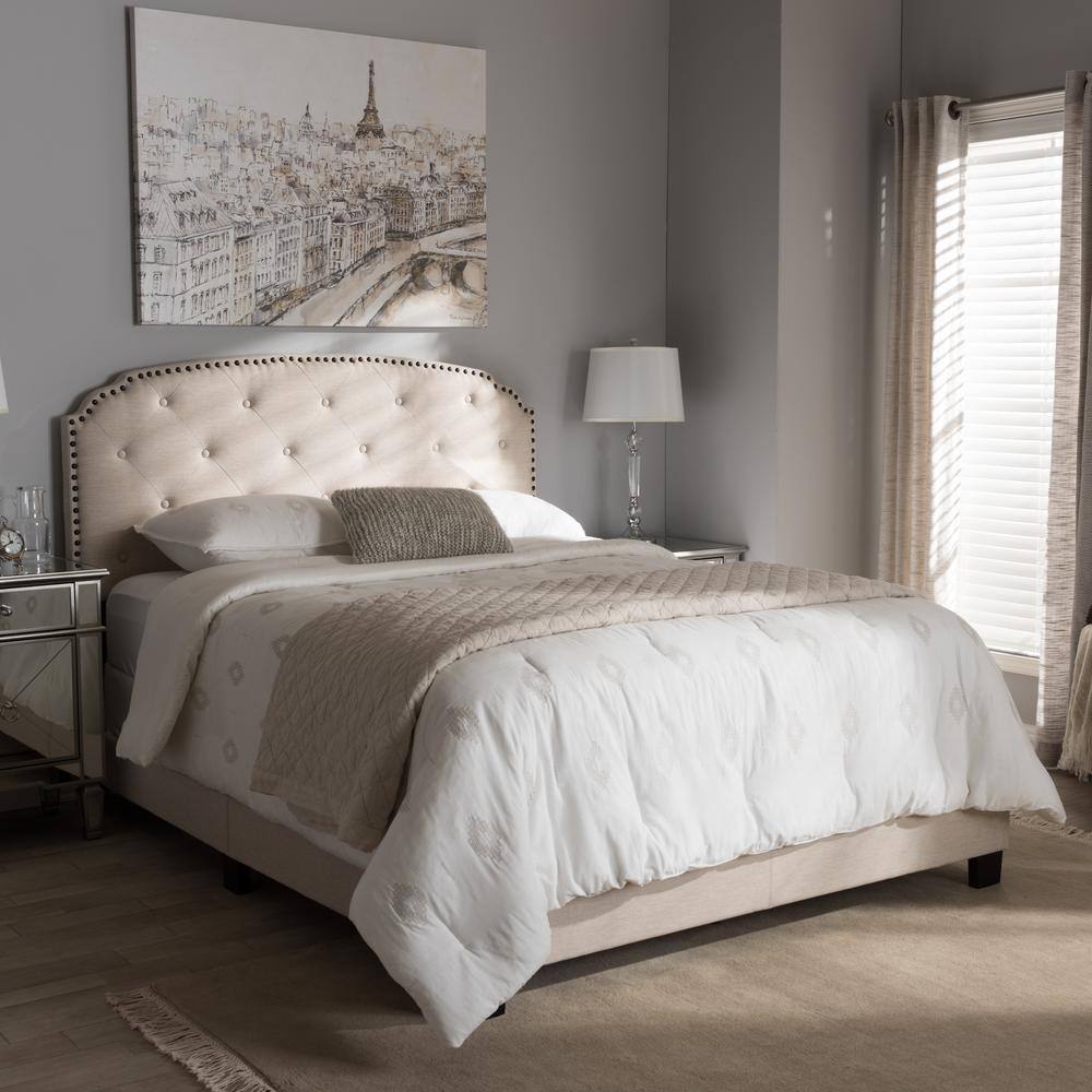 Lexi King-Size Light Beige Tufted and Nailhead Trim Upholstered Bed