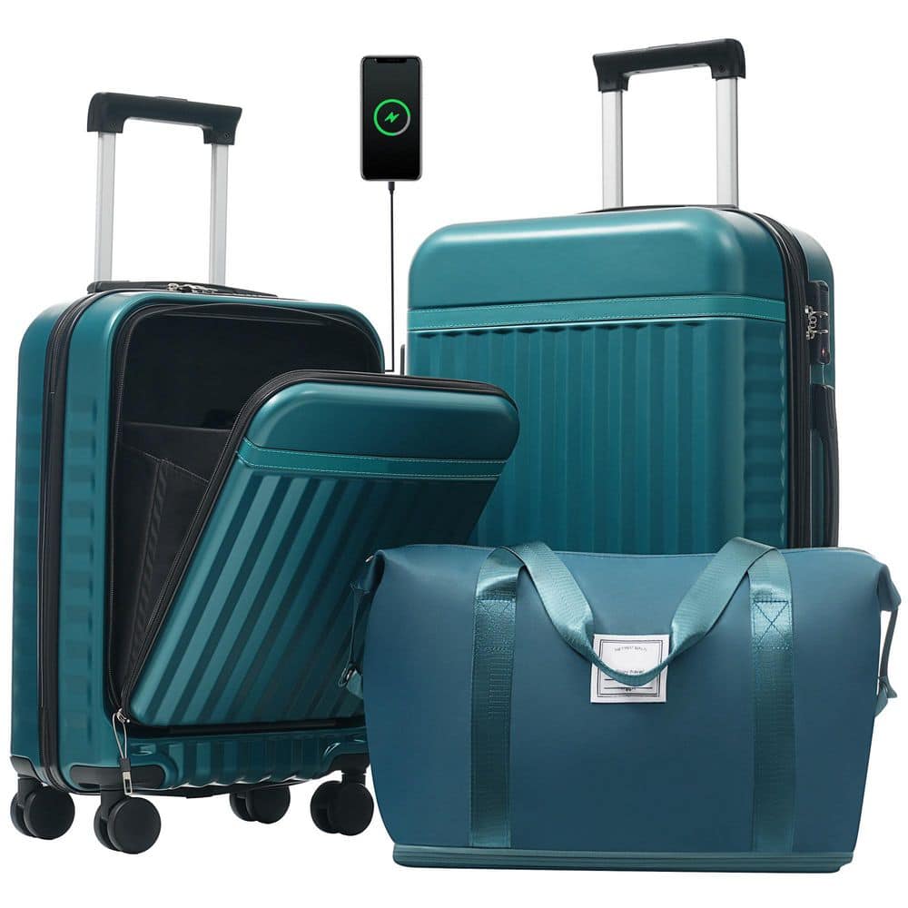3-Piece Dark Green Front Opening ABS Plastic Hardside Expandable Carry On Luggage Set with USB Port, Spinner Wheels price history on PriceWatchPro