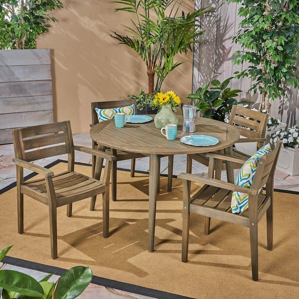 Noble House Stamford Grey 5-Piece Wood Round Outdoor Patio Dining Set