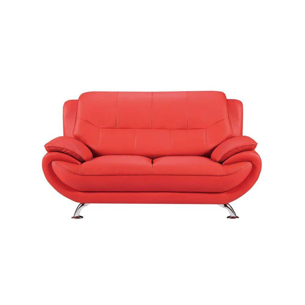 Benjara 37 in. Red and Silver Solid Faux Leather 2-Seater Loveseat with ...