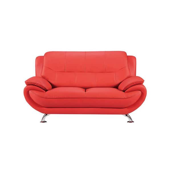 Benjara 37 in. Red and Silver Solid Faux Leather 2-Seater Loveseat with Pillow Top Armrest