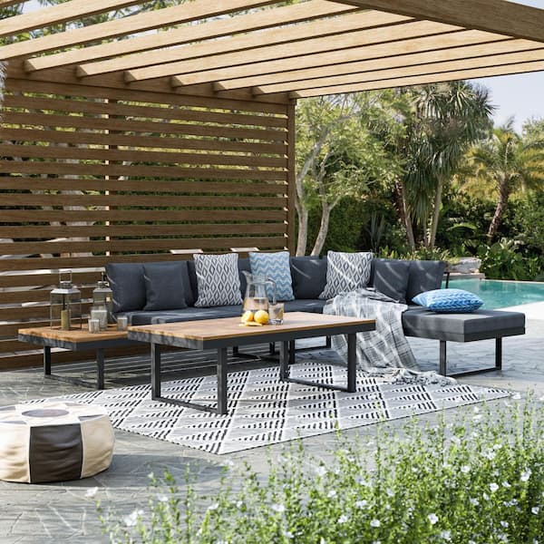 GREEMOTION San Jose Black Metal and Teak Outdoor Modular Sectional Set with Gray Cushions