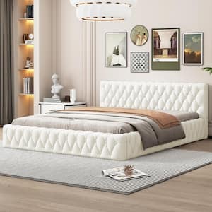 Upholstered Beige Wood Frame Queen Platform Bed with Headboard