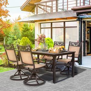 Dark Brown 5-Piece Aluminum Patio Dining Set With High Back Swivel Chairs, Umbrella Hole With Powder Coat Paint Finish