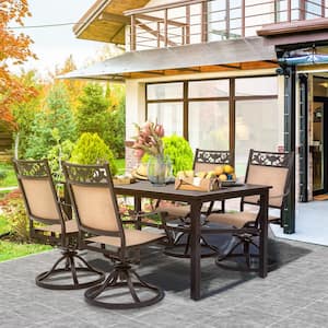 Dark Brown 5-Piece Aluminum Patio Dining Set With High Back Swivel Chairs, Umbrella Hole With Powder Coat Paint Finish