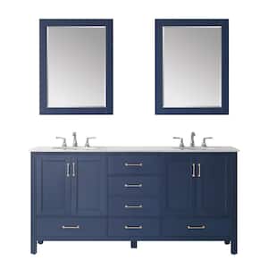 Gela 72 in. Vanity in Blue with Marble Vanity Top in White with White Basins and Mirror