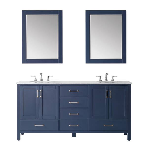 ROSWELL Gela 72 in. Vanity in Blue with Marble Vanity Top in White with White Basins and Mirror
