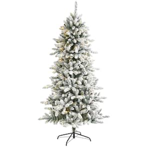 6 ft. Pre-Lit Flocked Livingston Fir Artificial Christmas Tree with Pine Cones and 300 Clear Warm LED Lights