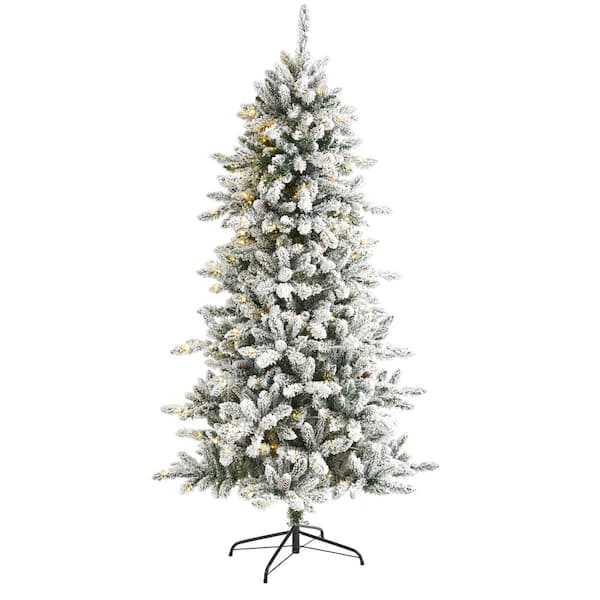 Nearly Natural 6 ft. Pre-Lit Flocked Livingston Fir Artificial Christmas Tree with Pine Cones and 300 Clear Warm LED Lights