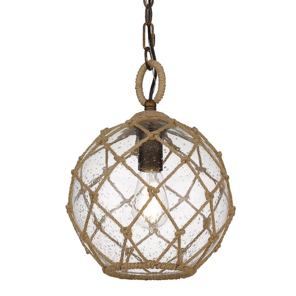 Golden Lighting Haddoc 1-Light Burnished Chestnut Bronze Small Pendant with Seeded Glass Shade