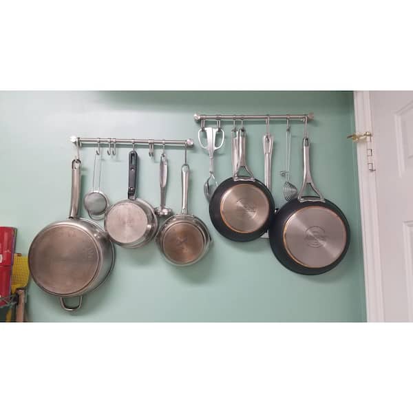 15.6 in. Brushed Stainless Steel Wall Mounted Hanging Pot Rack with Sliding Hooks for Kitchen Storage Organization