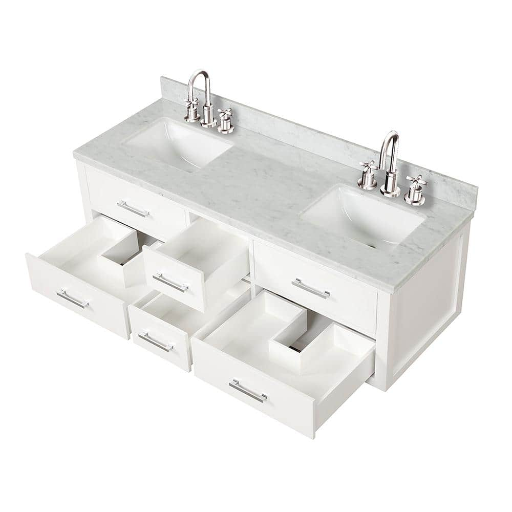 Sherman 60 in W x 22 in D White Double Bath Vanity, Carrara Marble Top, Faucet Set, and 28 in Mirrors -  Lexora, LVSH60DA111