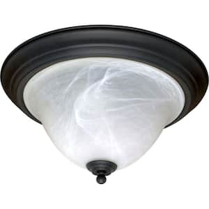 2-Light Textured Flat Black Flush Mount with Alabaster Swirl Glass