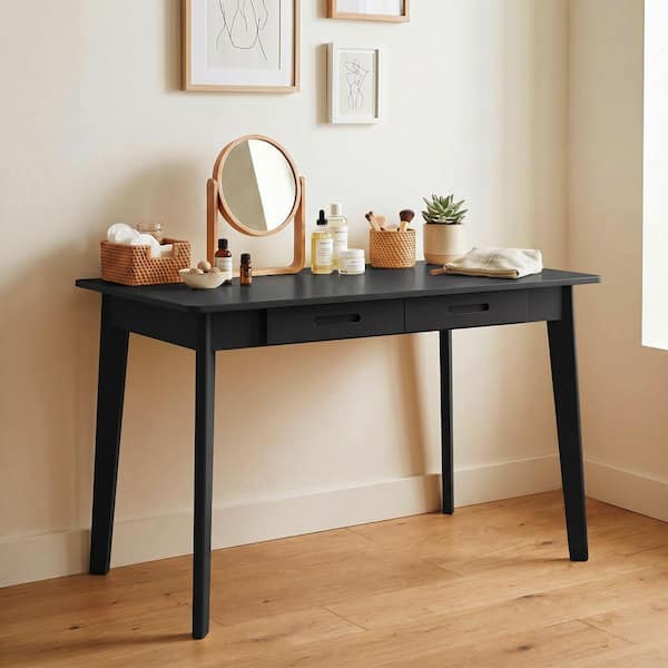 small black dressing table Reviews for FUFU&GAGA 1-Piece Wooden Makeup Vanity, Vanity Table, Desk with 2-Drawers, 39.4 in. W x 21.7 in. D x 29.5 in. H | Pg 1 color:BLUE - NAVY Hotel Women's Let's Get Away Mirror Applying makeup becomes easier
