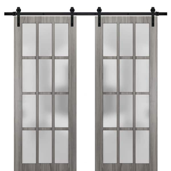 Sartodoors Felicia 3312 84 in. x 96 in. Full Lite Frosted Glass Gray Ash Finished Solid Wood Sliding Barn Door with Hardware Kit