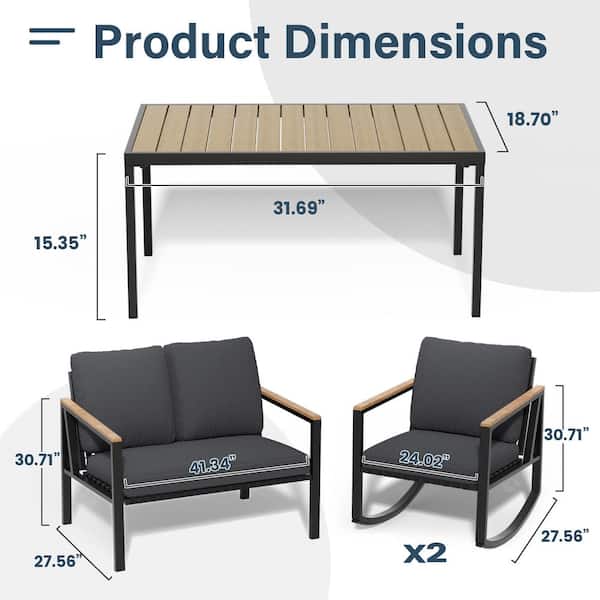 4-Piece Metal Outdoor Patio Conversation Set with Grey Cushions, 2-Rocking Chairs and Coffee Table