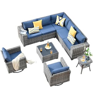 Crater Grey 9-Piece Wicker Wide-Plus Arm Patio Conversation Sofa Set with Swivel Rocking Chairs and Denim Blue Cushions
