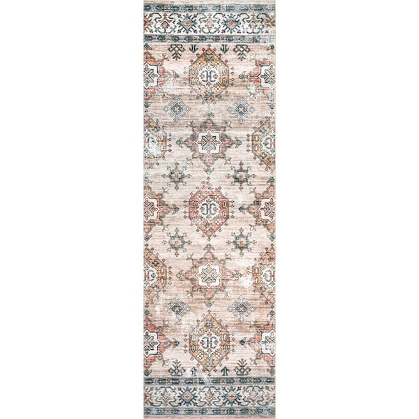 nuLOOM Finley Machine Washable Vintage Distressed Beige 2 ft. 6 in. x 8 ft. Indoor Runner Rug