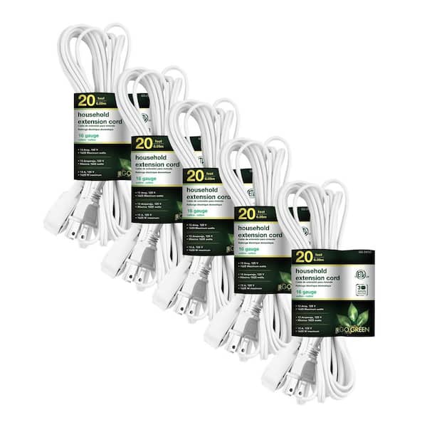 GoGreen Power (G-24720-5) 20 ft. 16/2 Indoor Household Extension Cord, 3 Outlets, White, 5 PACK