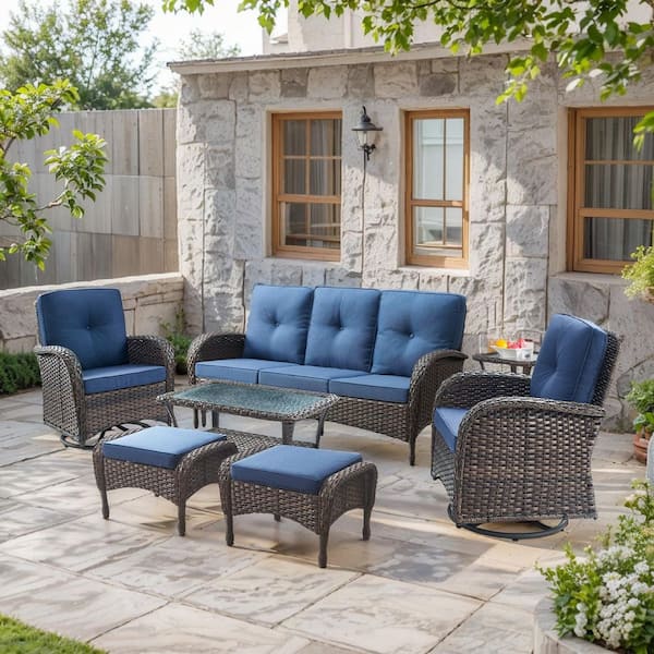 SleekArm 7-Piece Brown Wicker Patio Conversation Set with Olefin Blue Cushion and Outdoor Swivel Glider Chairs