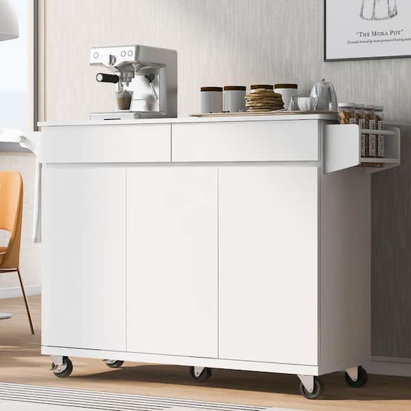 FAMYYT Rolling White Drop Leaf Wood Tabletop 53 in. Kitchen Island with Adjustable Shelves and Fixed Feet