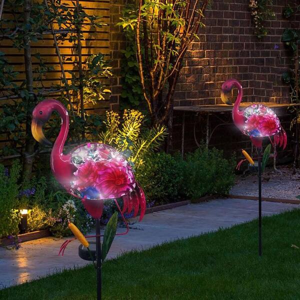 8 in. x 43 in. Pink Steel Solar Flamingo Solar Pathway Lights