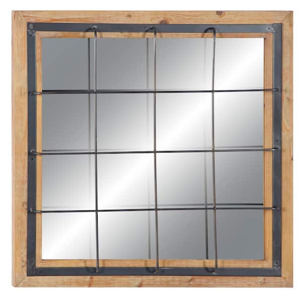 Litton Lane 32 in. x 32 in. Square Framed Brown Wall Mirror with Grid Frame