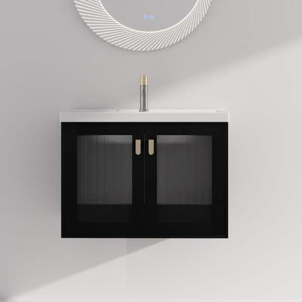 FAMYYT 28 in. W x 18.5 in. D x 20.7 in. H Single Sink Floating Bath Vanity in Black with White Ceramic Top and Gold Handle