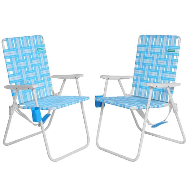 Clihome Outdoor Metal Frame Blue Folding Adjustable Beach Chair Lounge Chair with Side Pocket（Set of 2）
