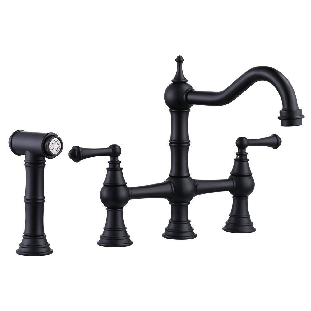 Brass 8 in. Double Handle Bridge Kitchen Faucet with Brass Valve, Side Sprayer and Supply Lines in Matte Black price history on PriceWatchPro
