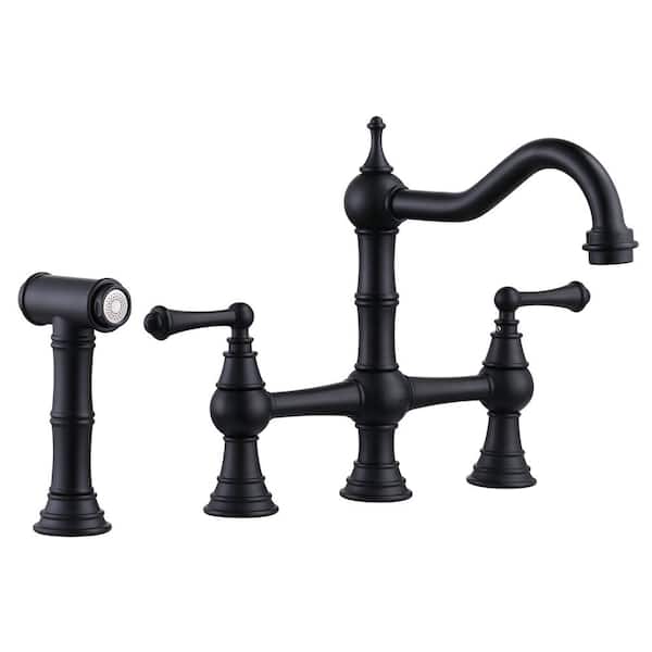 IVIGA Brass 8 in. Double Handle Bridge Kitchen Faucet with Brass Valve, Side Sprayer and Supply Lines in Matte Black