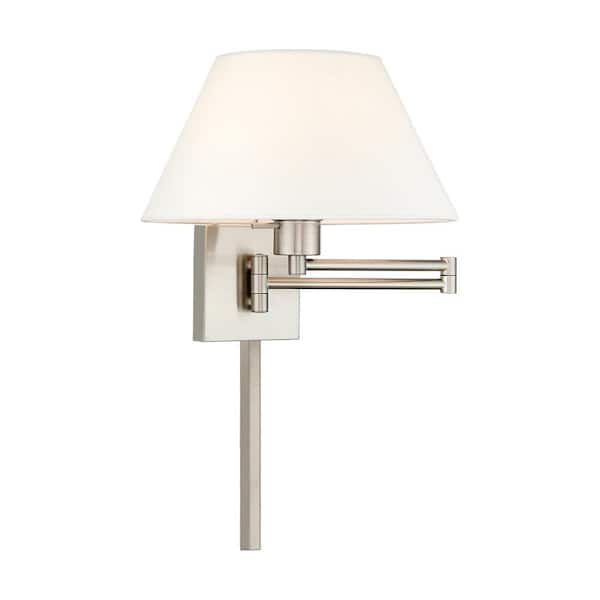 AVIANCE LIGHTING Atwood 1-Light Brushed Nickel Plug-In/Hardwired Swing Arm Wall Lamp with Off-White Fabrick Shade