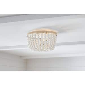 Cayman 13 in. 2-Light White and Faux Wood Beaded Flush Mount