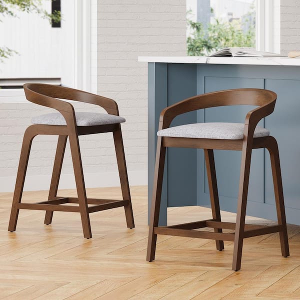 Marquina 25.25" Counter Stools with Light Grey Cushions, Rubberwood, Natural Walnut, Set of 2