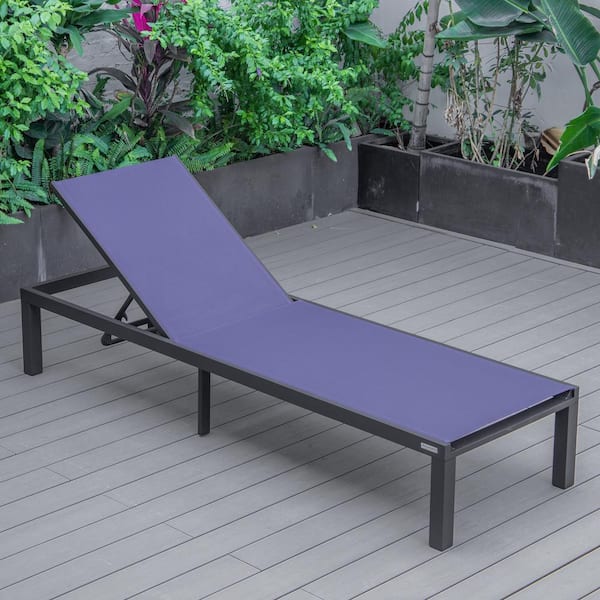 Leisuremod Marlin Outdoor Patio Chaise Lounge Chair in Black Aluminum Reclining Backrest Mesh Sling Fabric Seat in Navy Blue