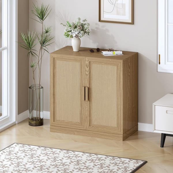 31 in. Tall Natural Wood Grain Wood 2-Shelf Standard Bookcase with Rattan Doors, Storage