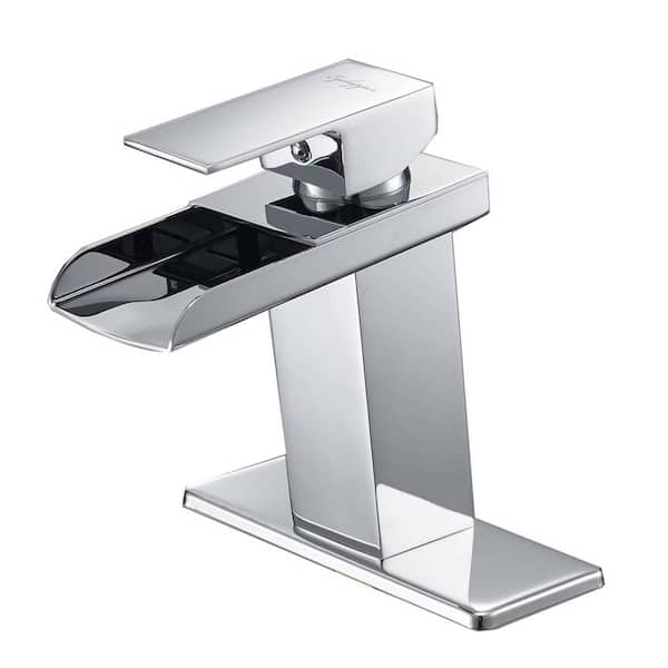 FLG Single-Handle Single-Hole Modern Brass Waterfall Bathroom Sink Faucet with Deckplate Included in Polished Chrome