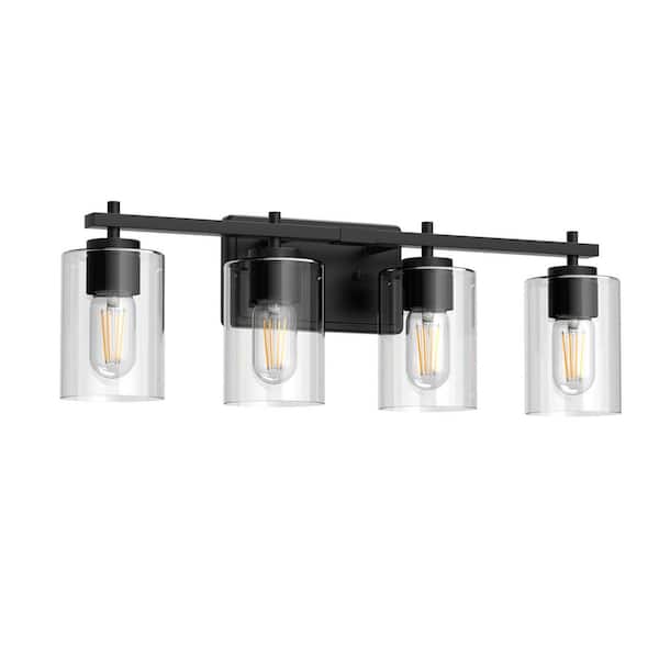 Emeritpro 32 in. 4-Light Black Farmhouse Vanity Light with Cylinder Clear Glass Shades for Vanity, Powder Room or Dressing Room