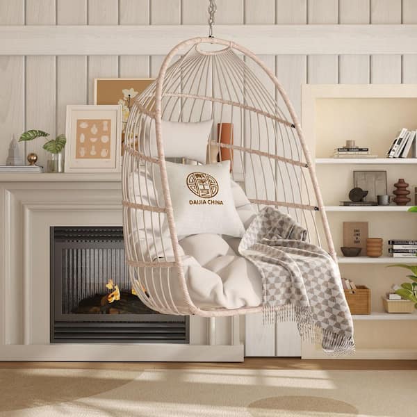 Outdoor HDPE Plastic Garden Rattan Egg Swing Chair Patio Swing Hanging Chair with Off White Cushion