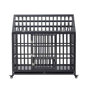 Black Carbon Steel Heavy-Duty Dog Cage pet Crate with Roof and Window on Roof