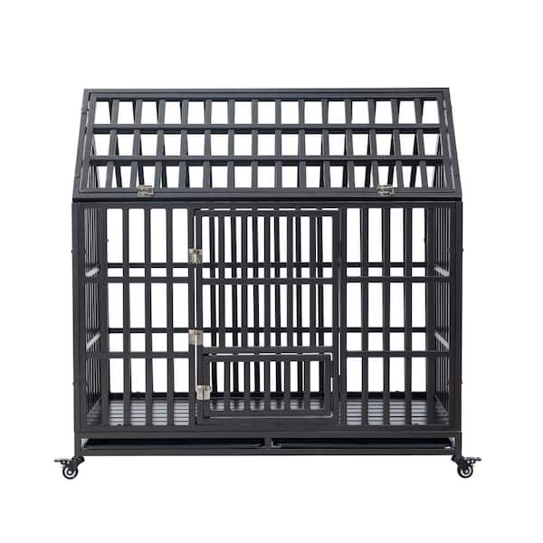 maocao hoom Black Carbon Steel Heavy-Duty Dog Cage pet Crate with Roof and Window on Roof