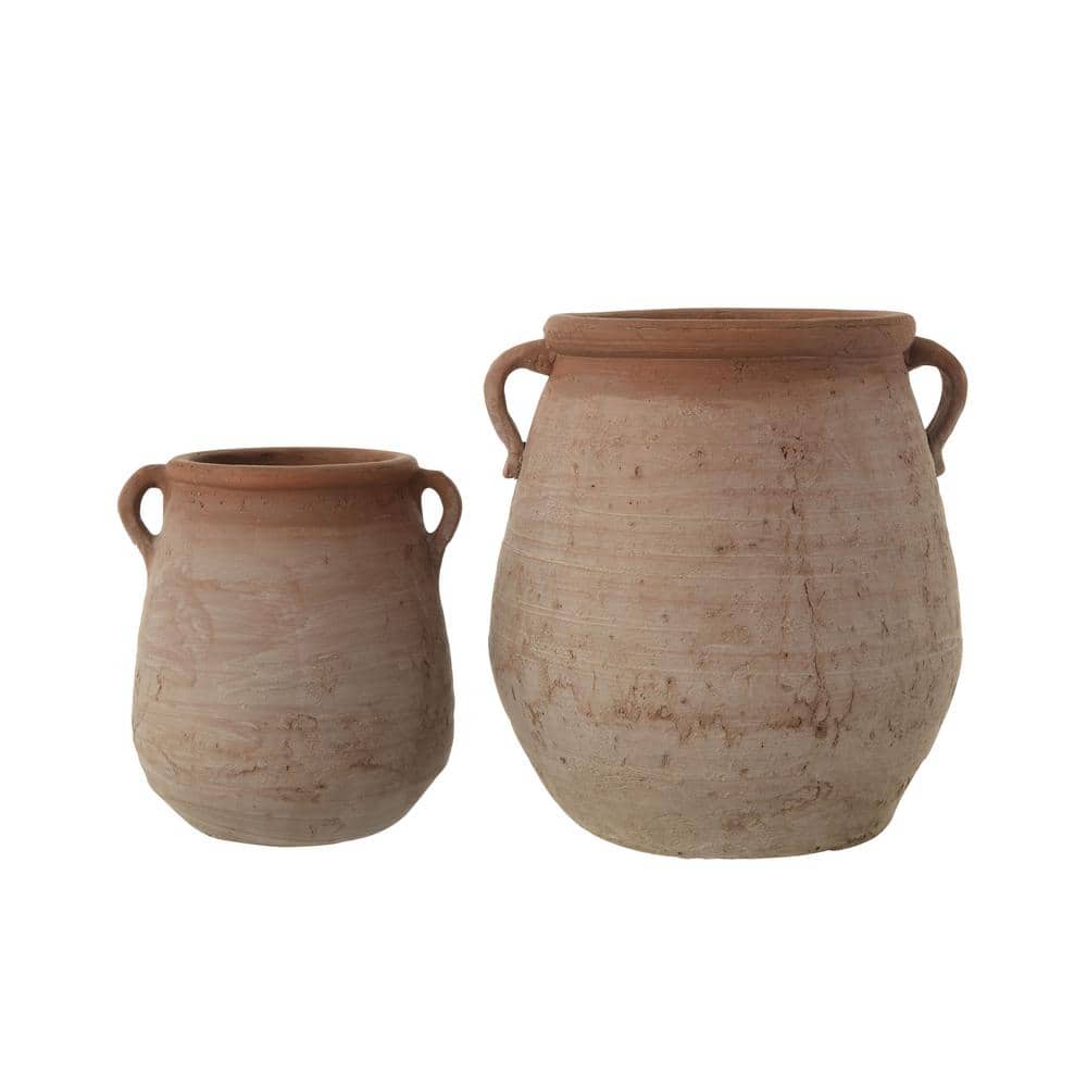 14" Orange and Whitewashed Terracotta Urn with Handles