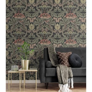 Charcoal and Rosewood Acanthus Floral Prepasted Wallpaper Roll 56 sq. ft.