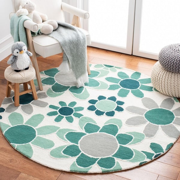 Kids 5 ft. x 5 ft. Ivory/Green Oversized Floral Round Area Rug