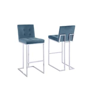 Maurisio 42" in. H Teal Blue High Back Chrome Metal Frame Bar Stool with Velvet Fabric Seat (Set of 2).